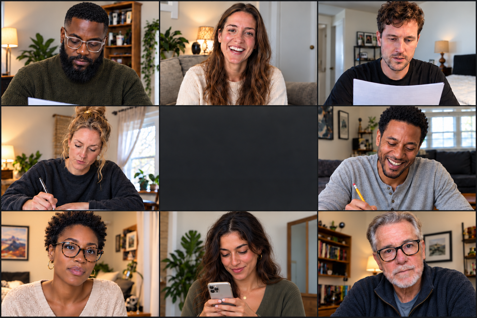 Eight diverse actors focused on a live acting lesson