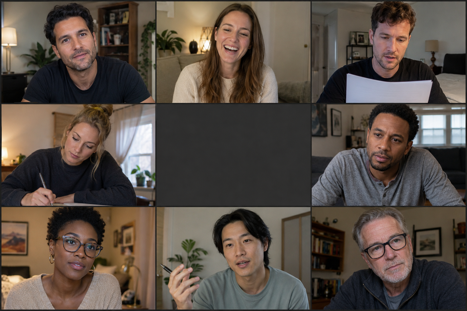 Eight diverse actors focused on a live acting lesson